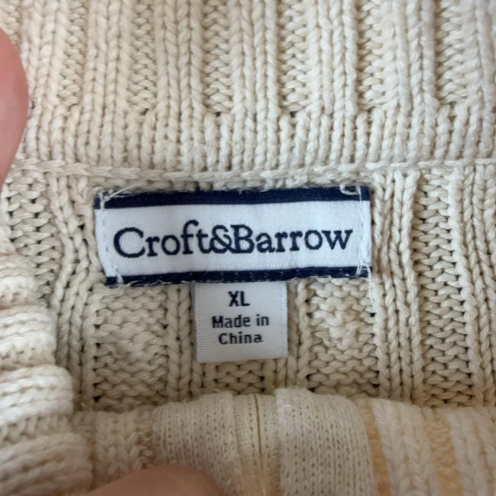 Croft&Barrow Sweater Mens XL White Cable Knit 1/4 Zip Mock Neck Cotton Pullover